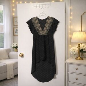 ✨ Ecote Black Boho High-Low V-Neck Dress with Paisley Embroidery Size S